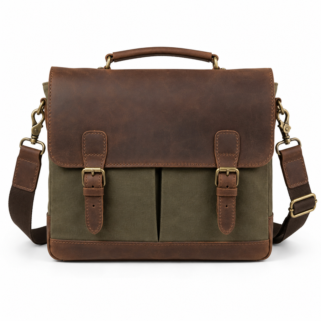 Front view of brown leather canvas messenger bag.