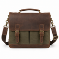 Front view of brown leather canvas messenger bag.
