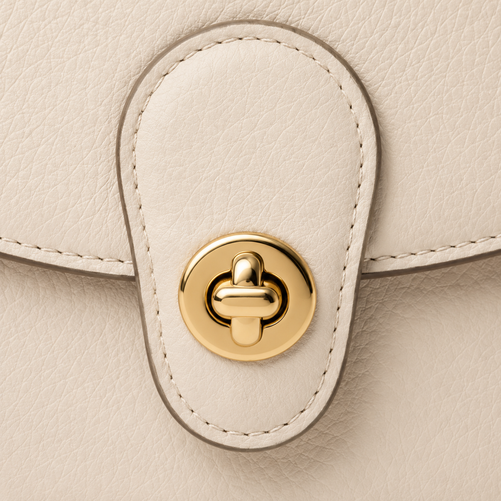 Cream leather crossbody bag displayed with gold hardware.