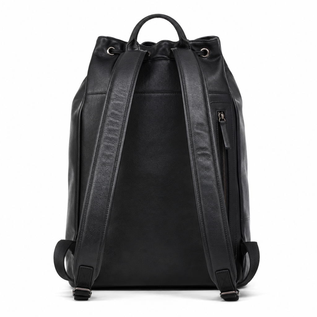 Spacious interior of the black leather backpack.