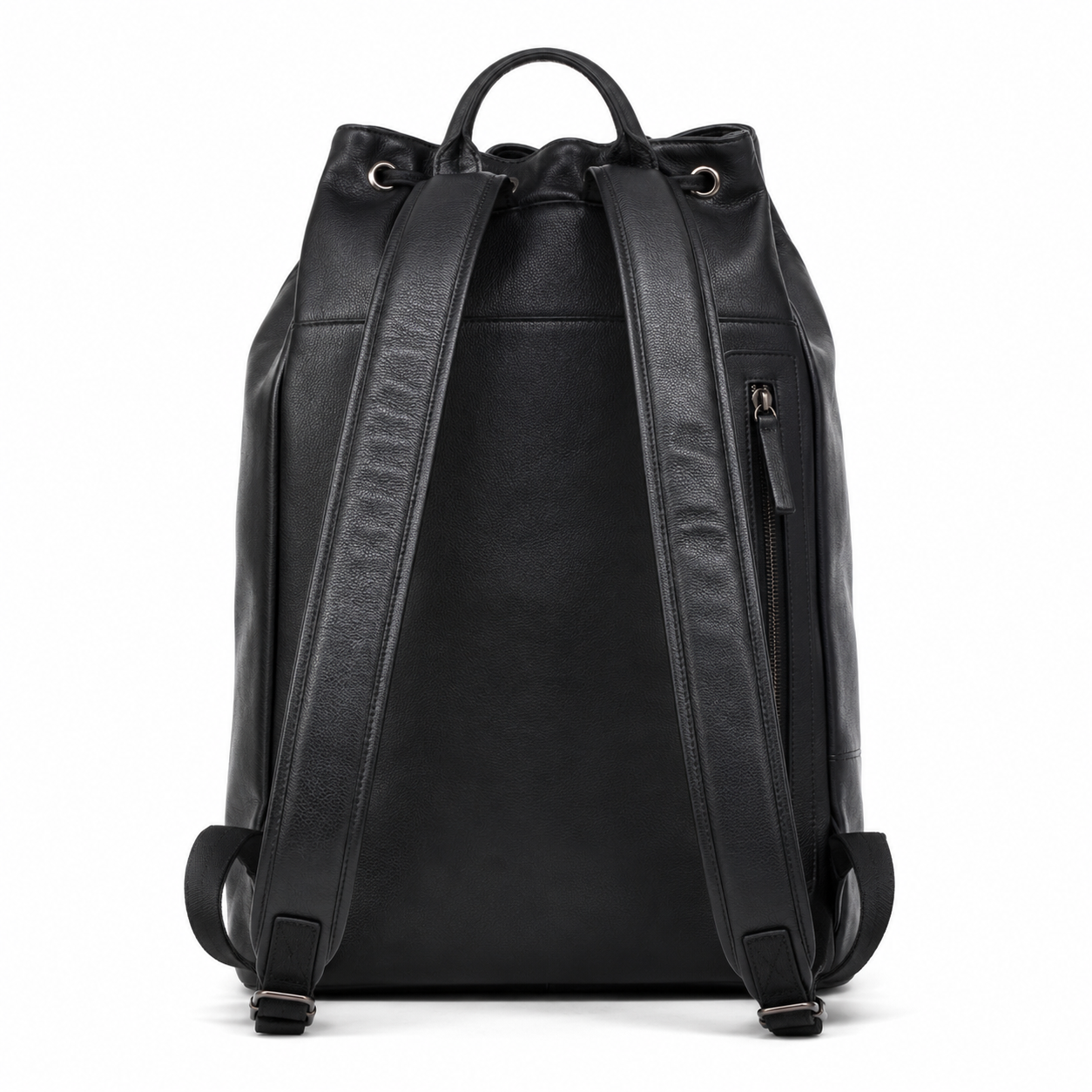 Spacious interior of the black leather backpack.