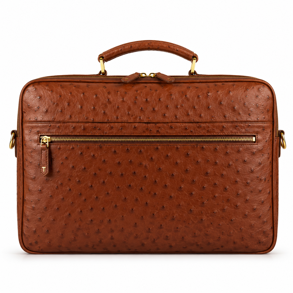 Front view of brown ostrich leather briefcase with handle.