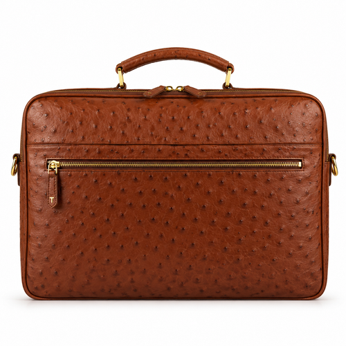 Front view of brown ostrich leather briefcase with handle.
