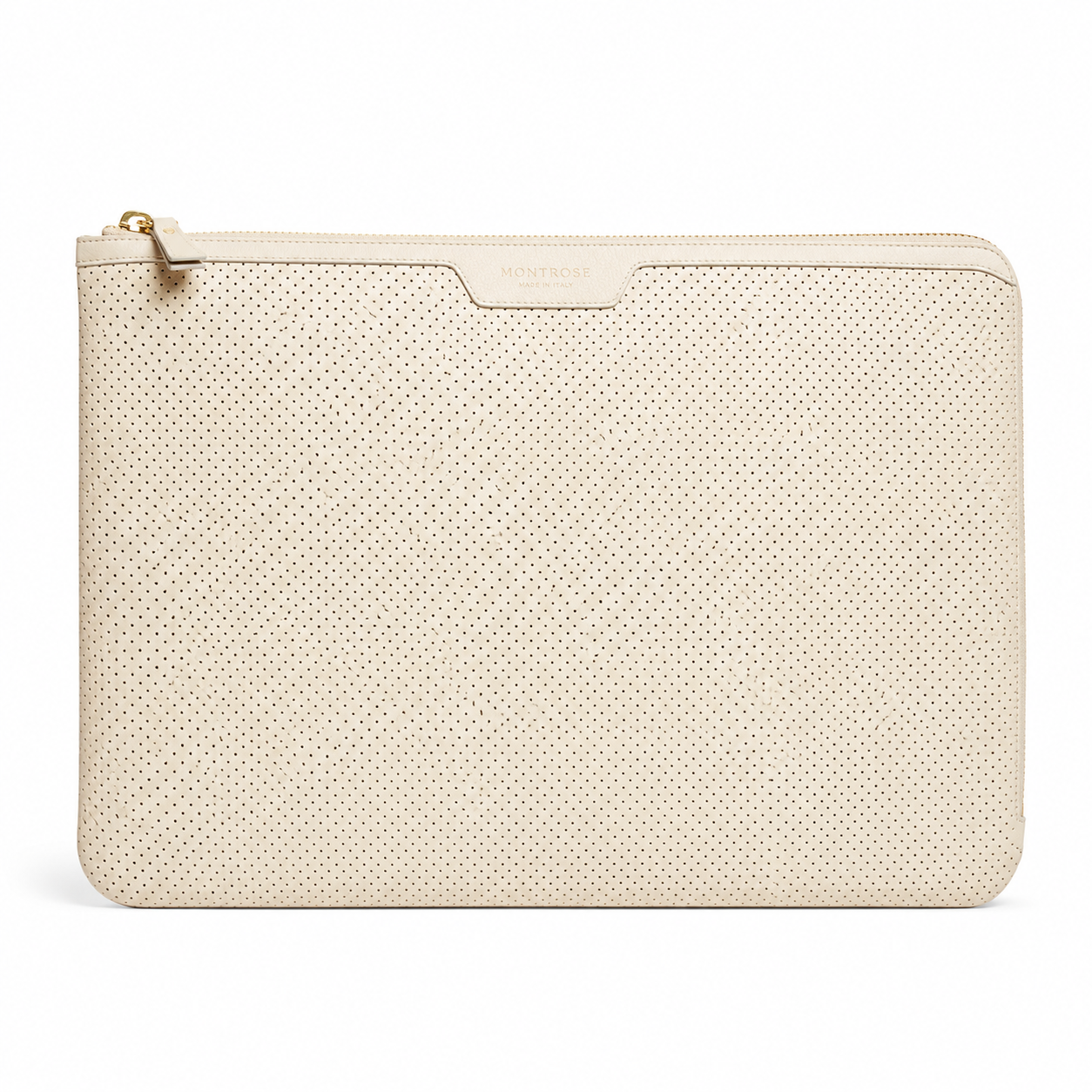 Front view of beige perforated leather laptop sleeve.