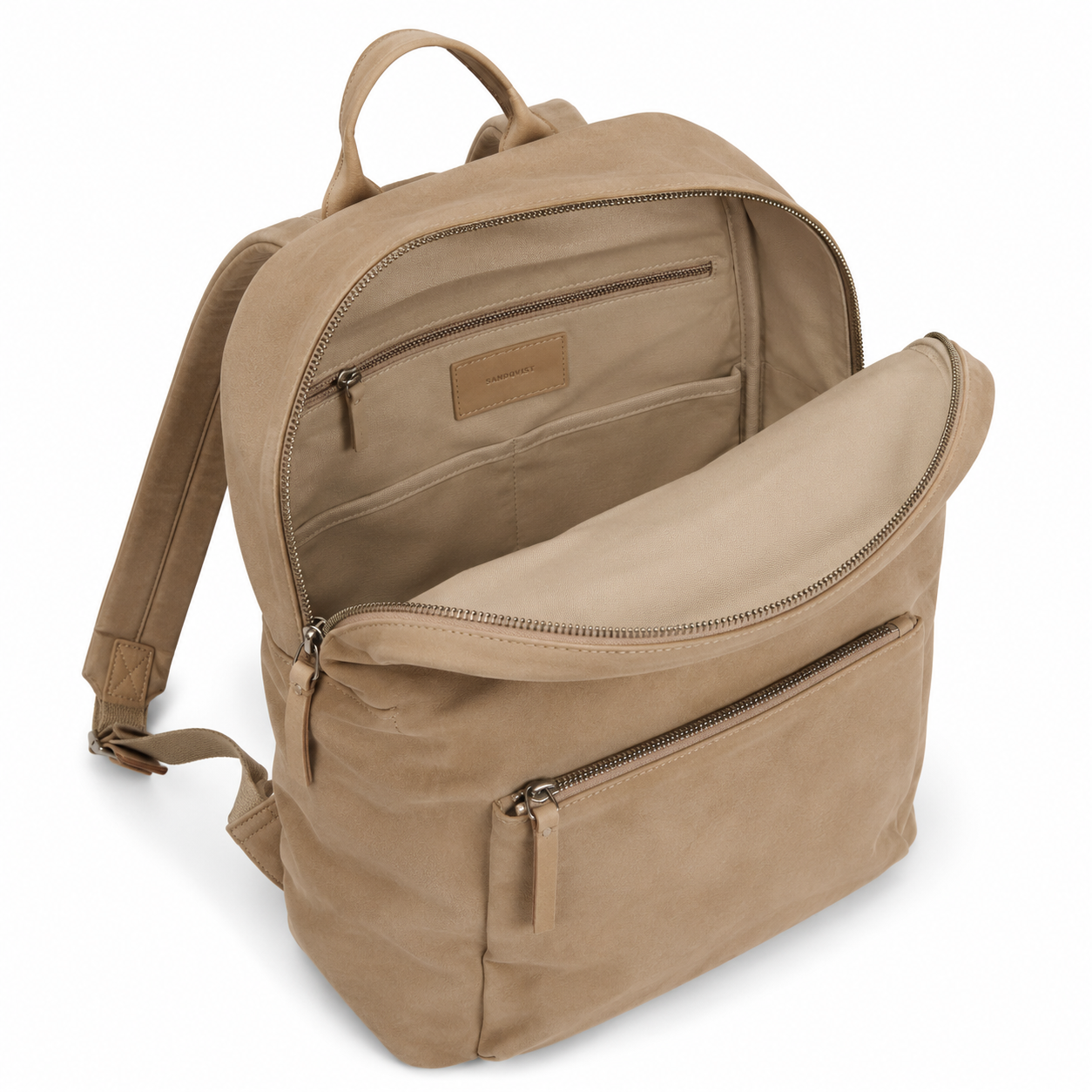 Back view of beige backpack with shoulder straps
