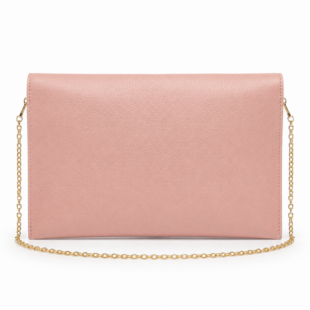 Interior view of pink clutch bag showing space for essentials.