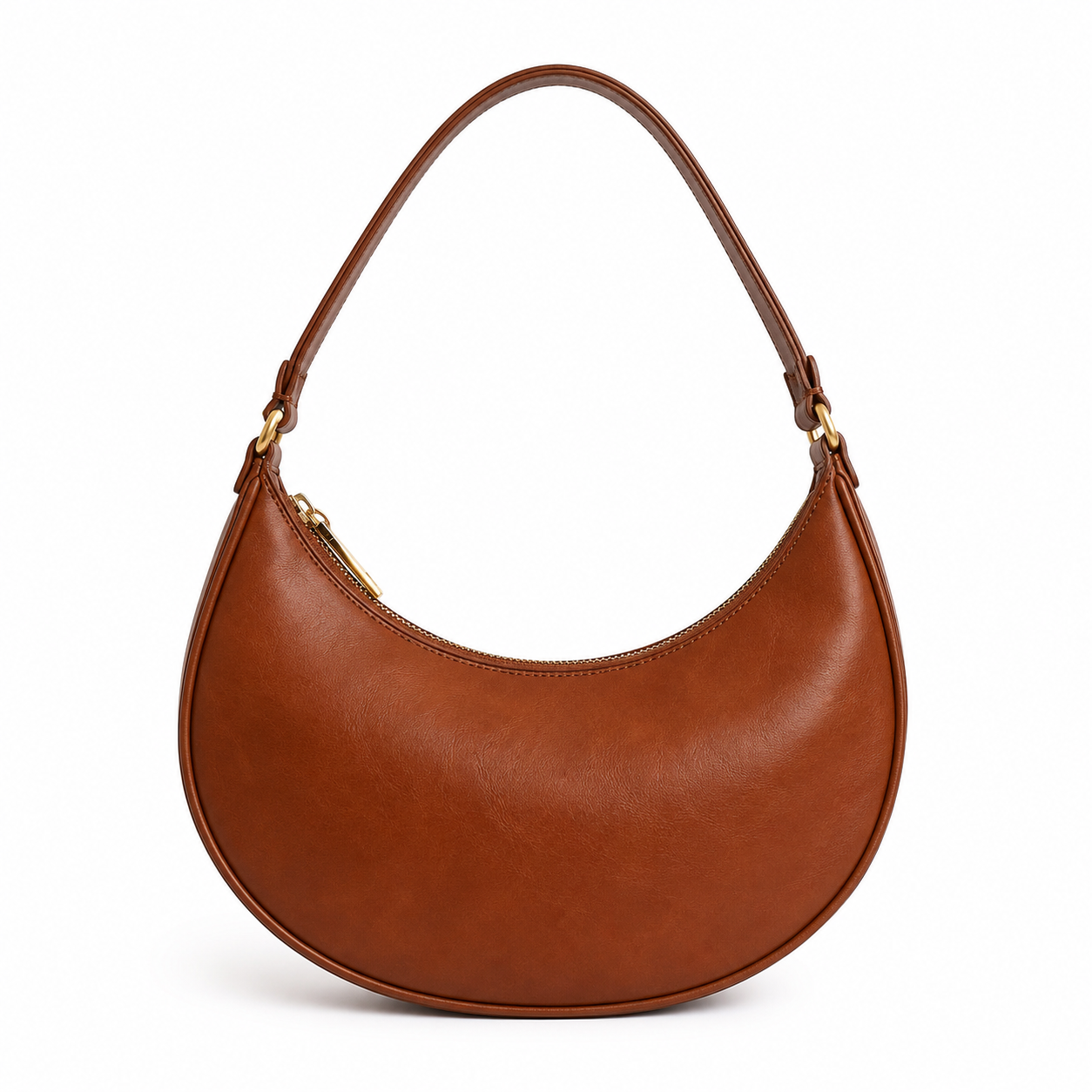 Front view of brown crescent leather shoulder bag.