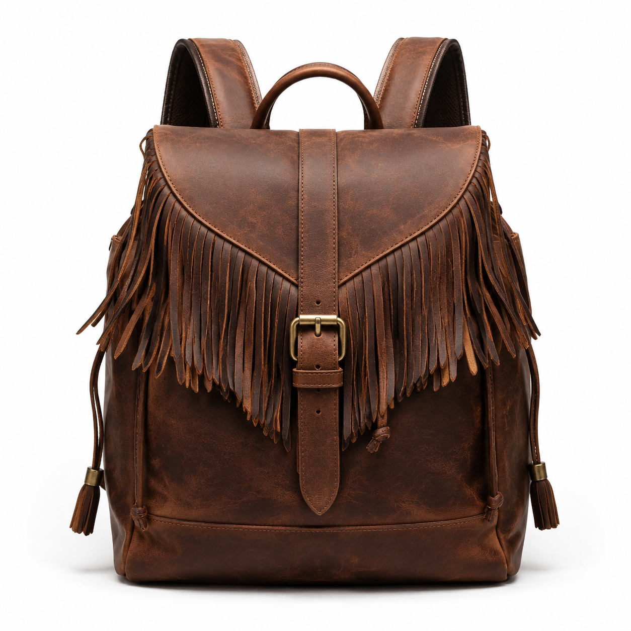 Front view of brown leather backpack with fringe detail.