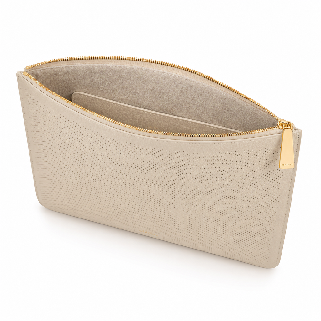 Back view of the beige laptop sleeve.