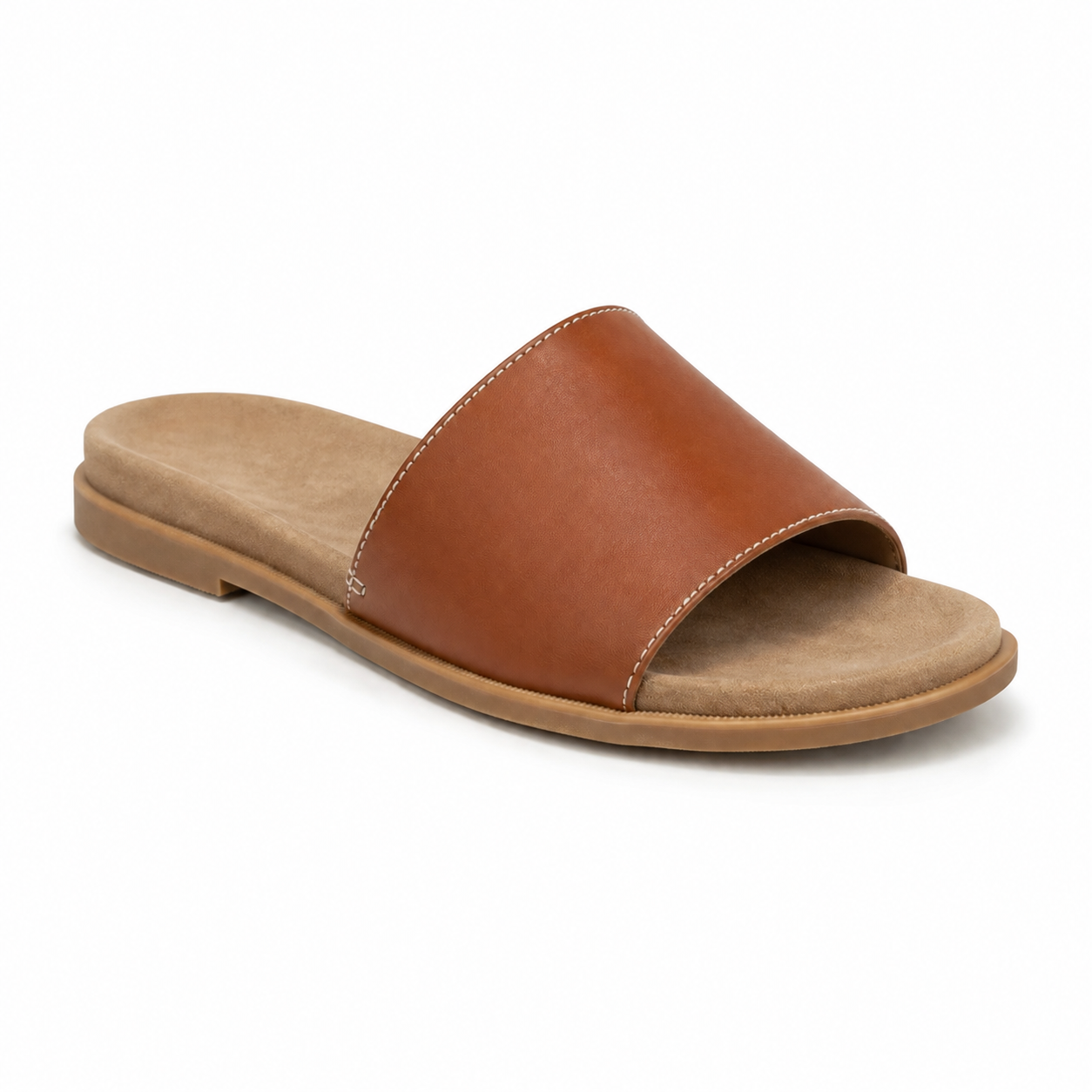 Close-up of the brown leather upper and stitching.