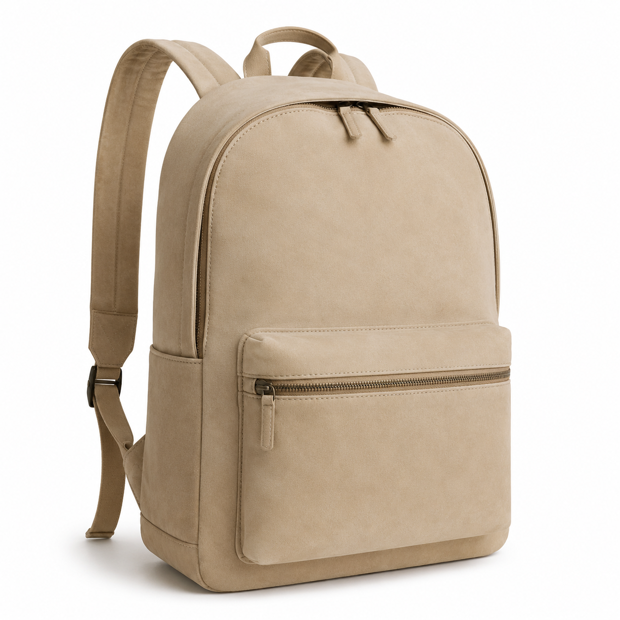 Side view of beige suede backpack with adjustable straps