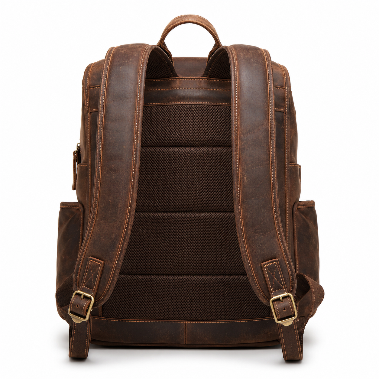 Close-up of buckle closure on leather backpack
