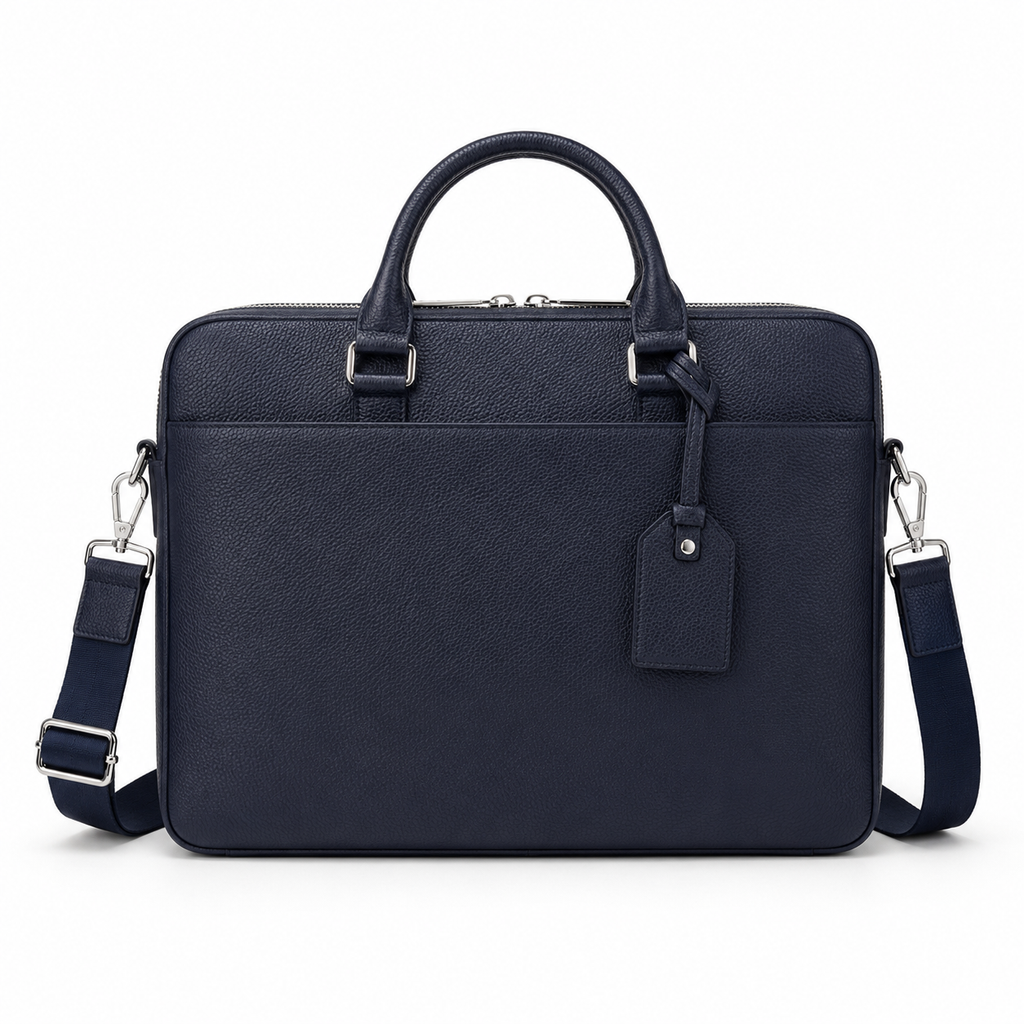 Front view of navy leather briefcase with handles and strap.
