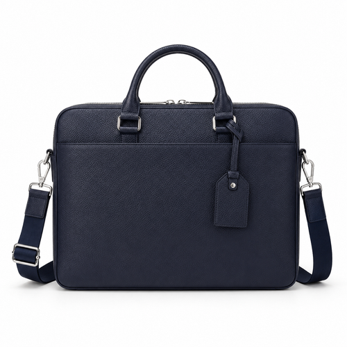 Front view of navy leather briefcase with handles and strap.