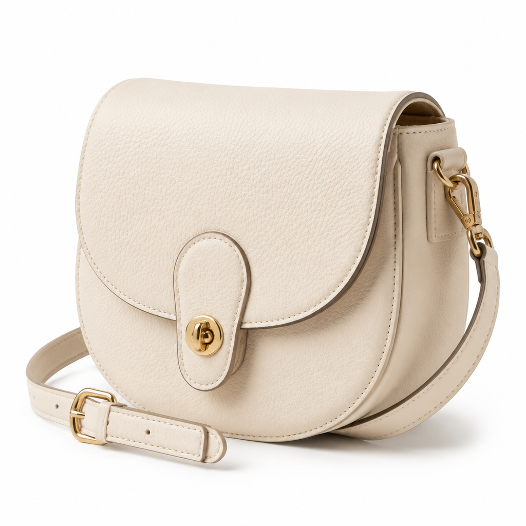 Side view of adjustable strap on cream leather crossbody bag.