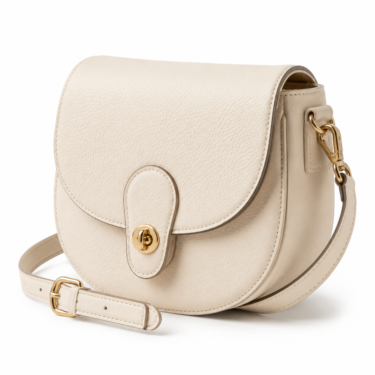 Side view of adjustable strap on cream leather crossbody bag.