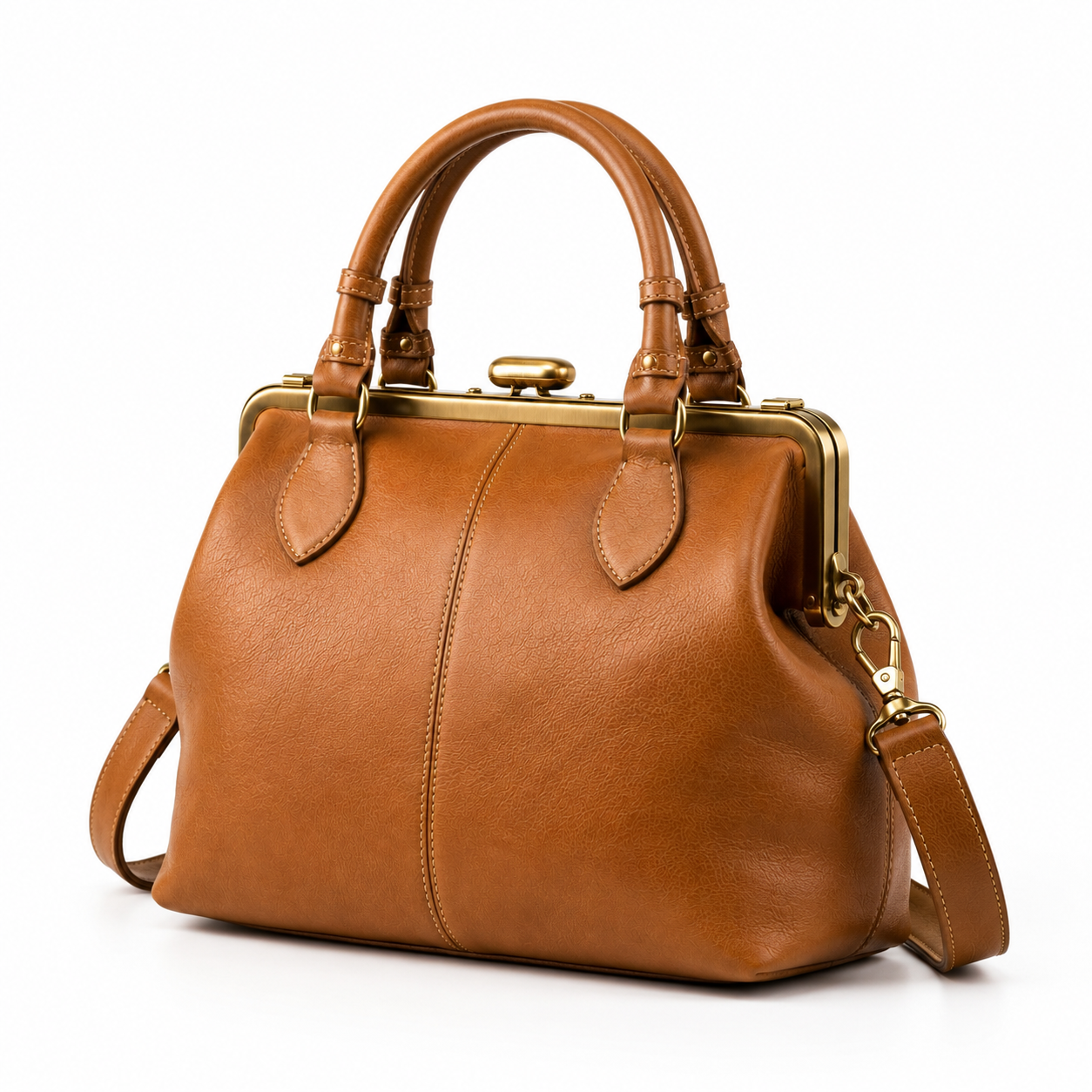 Side view of boneroshop vintage leather handbag showing detachable strap.