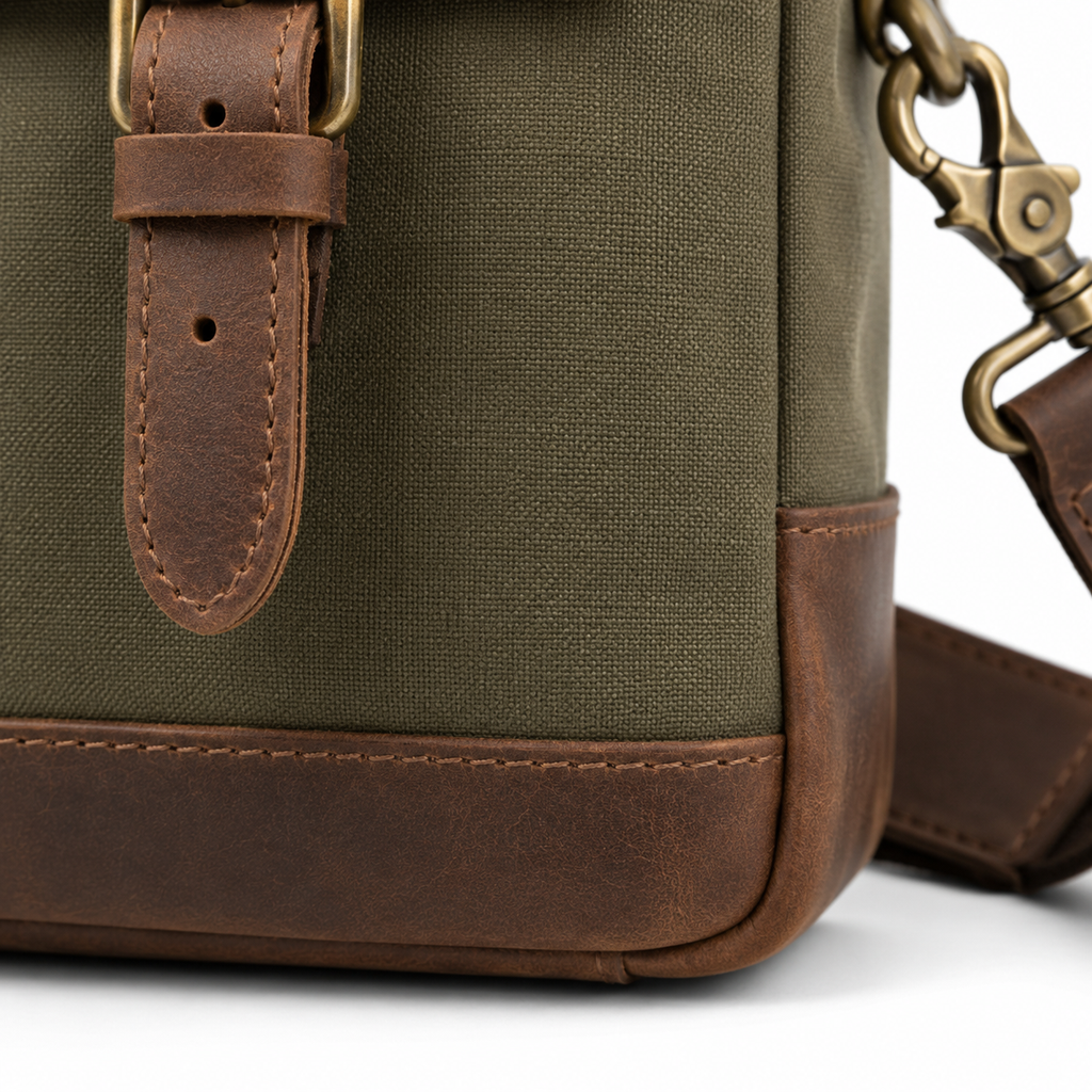 Detailed view of leather and canvas material.