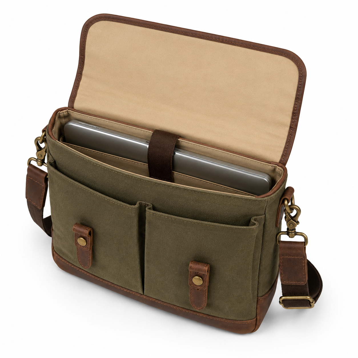 Back view of the boneroshop messenger bag.