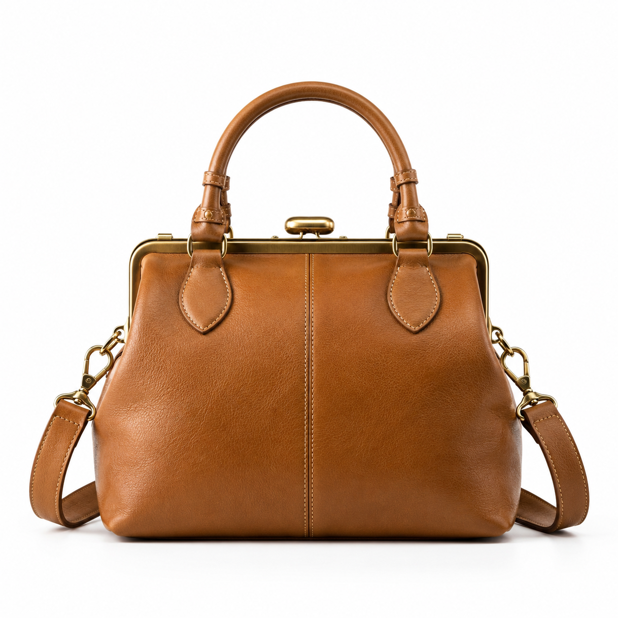 Front view of boneroshop vintage leather handbag with brass accents.