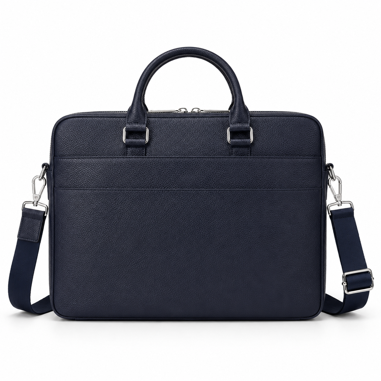 Detail of detachable shoulder strap on navy briefcase.