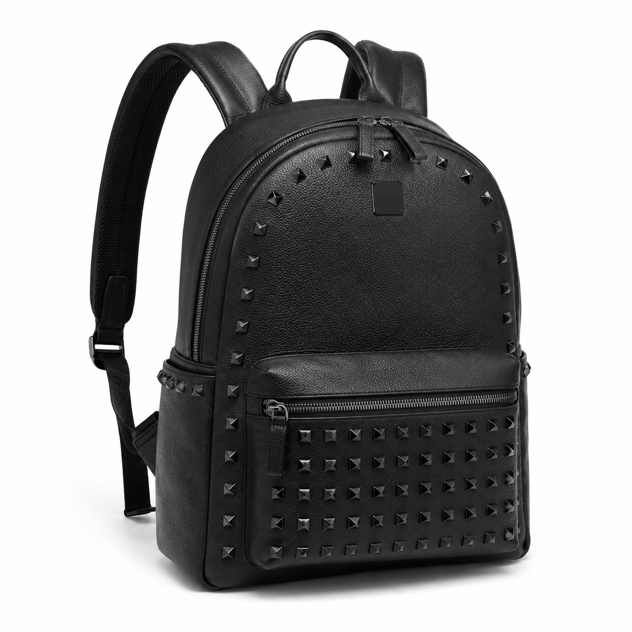 Side view of black backpack showing studded detailing