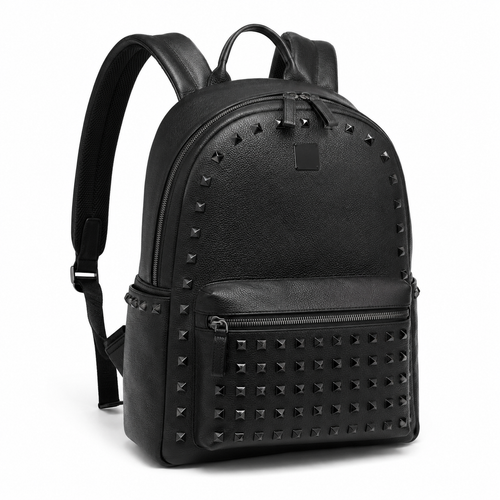 Side view of black backpack showing studded detailing