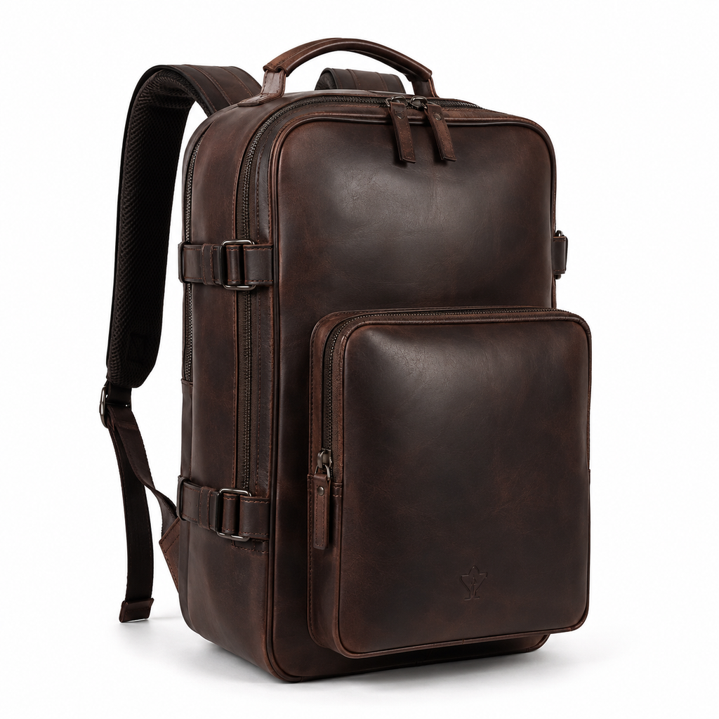 Side view of the boneroshop leather backpack showing adjustable straps.