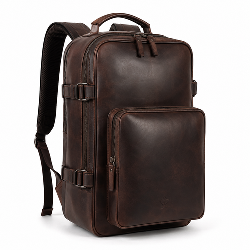 Side view of the boneroshop leather backpack showing adjustable straps.