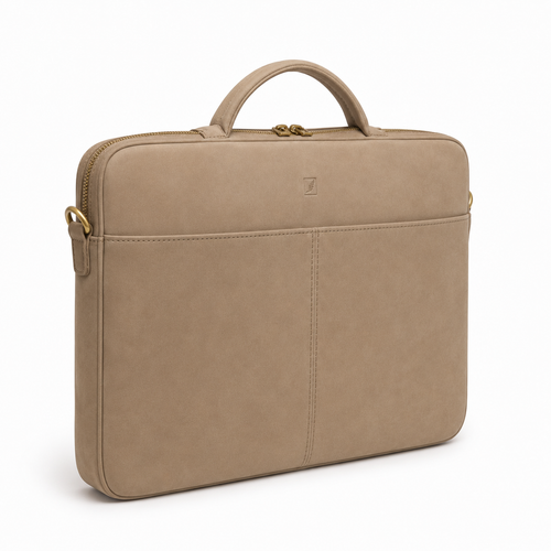Side view of the beige laptop bag showcasing the handle.