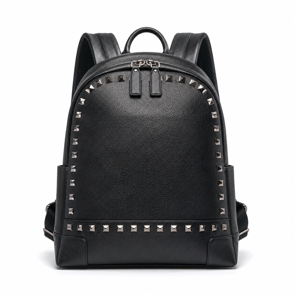 Front view of black leather backpack with studs