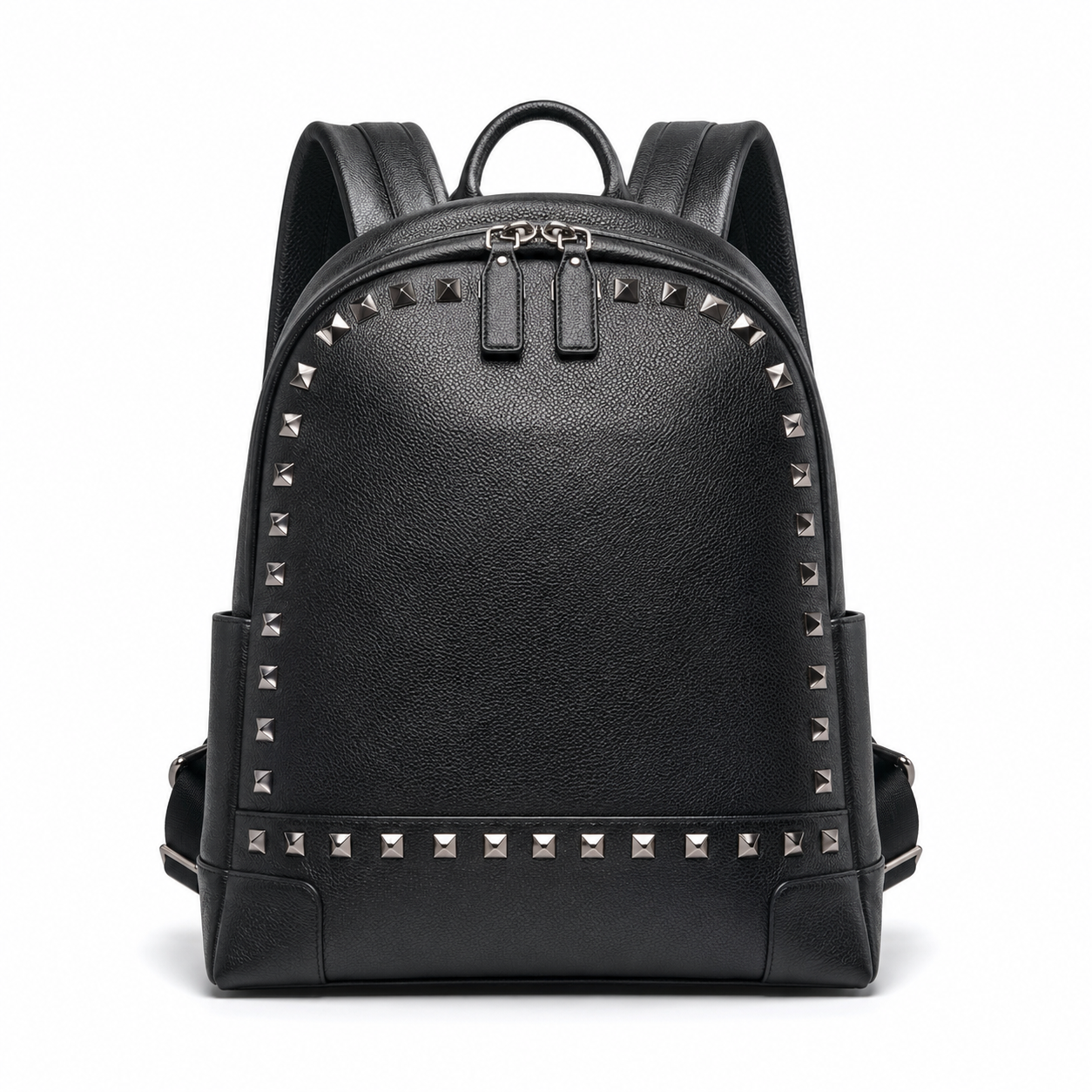 Front view of black leather backpack with studs