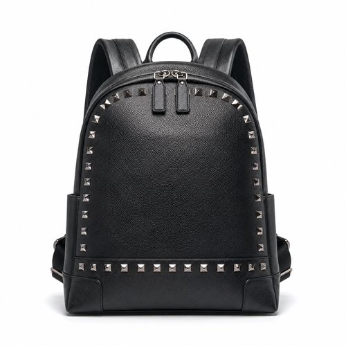 Front view of black leather backpack with studs