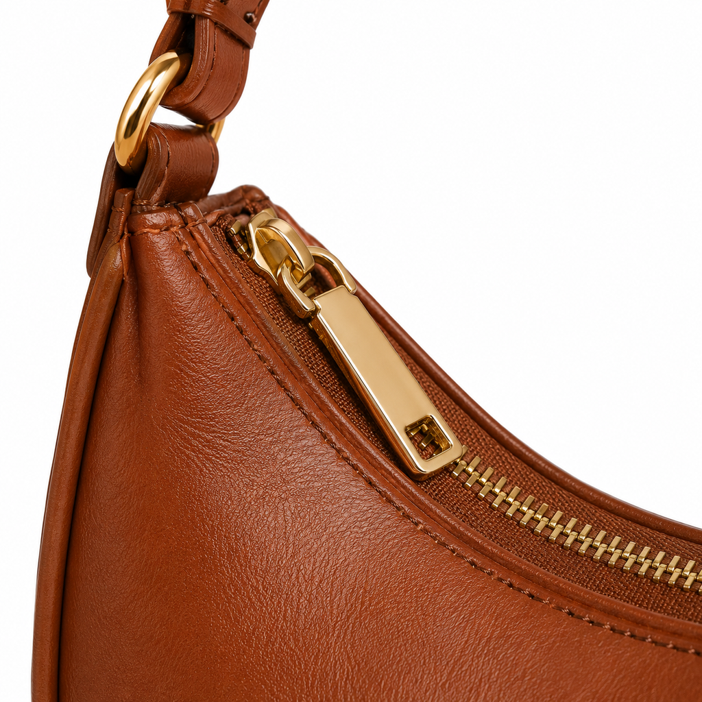 Full view of the crescent leather shoulder bag.