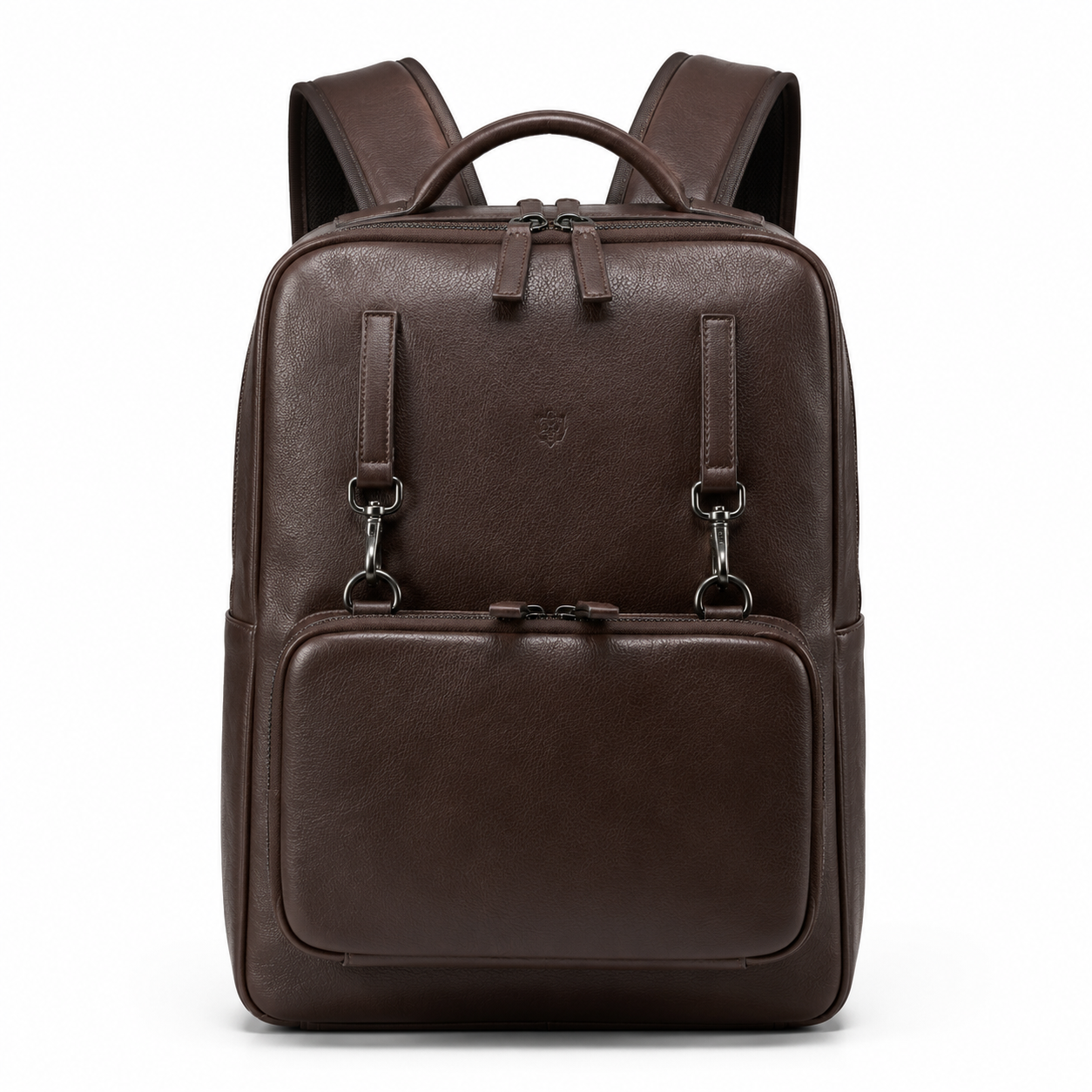Front view of the boneroshop leather backpack in brown.