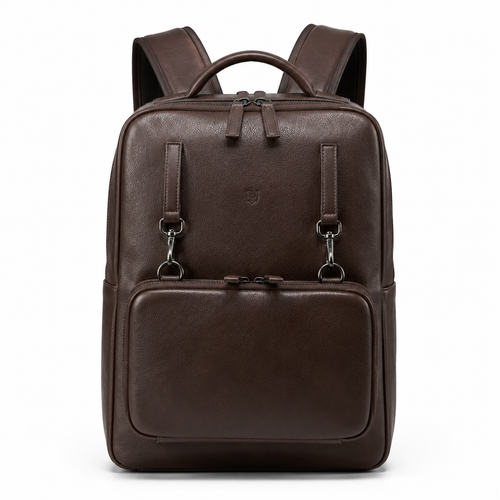 Front view of the boneroshop leather backpack in brown.