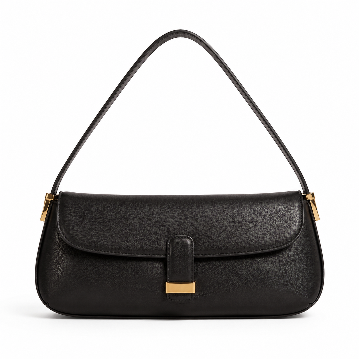 Front view of boneroshop black faux leather shoulder bag