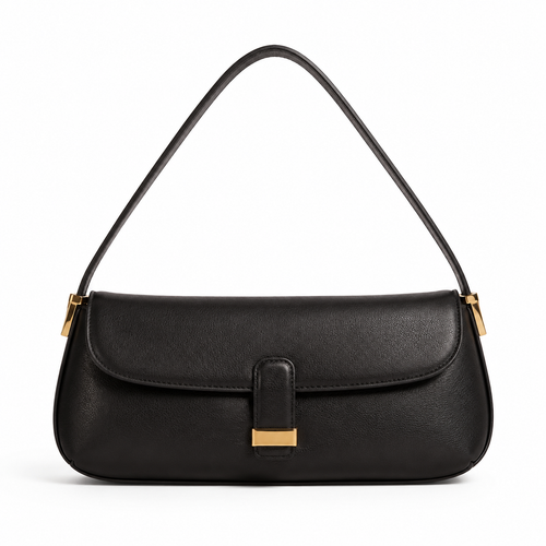 Front view of boneroshop black faux leather shoulder bag