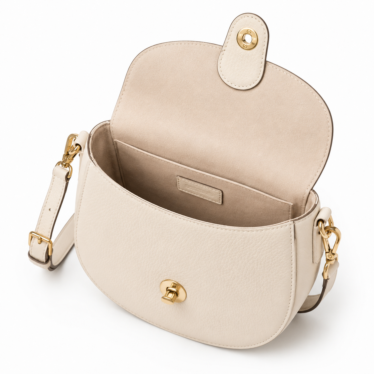 Back view of cream leather crossbody bag with gold accents.