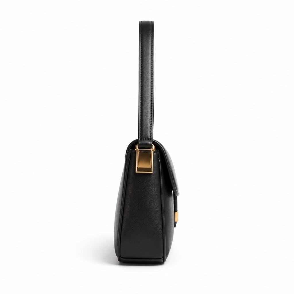 Side view of boneroshop black faux leather shoulder bag