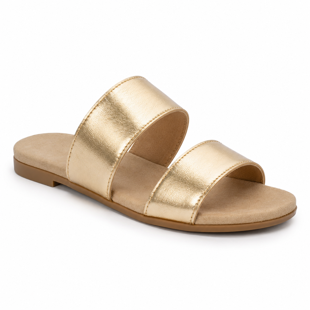 Close-up of gold leather straps on sandals