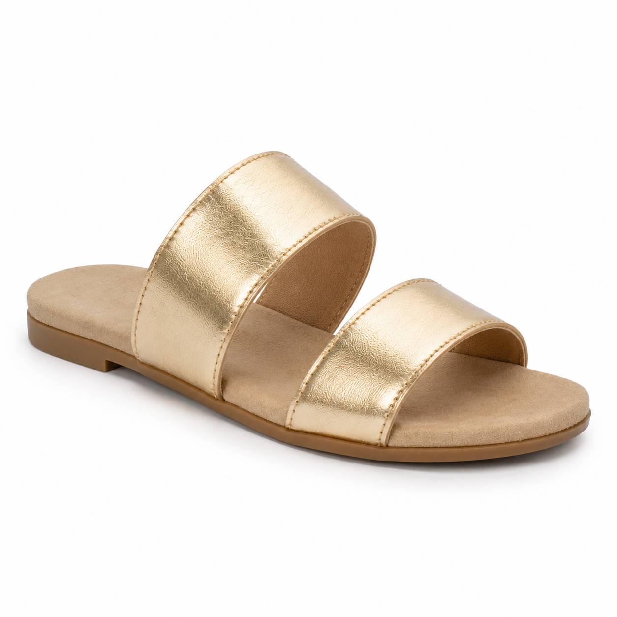 Close-up of gold leather straps on sandals