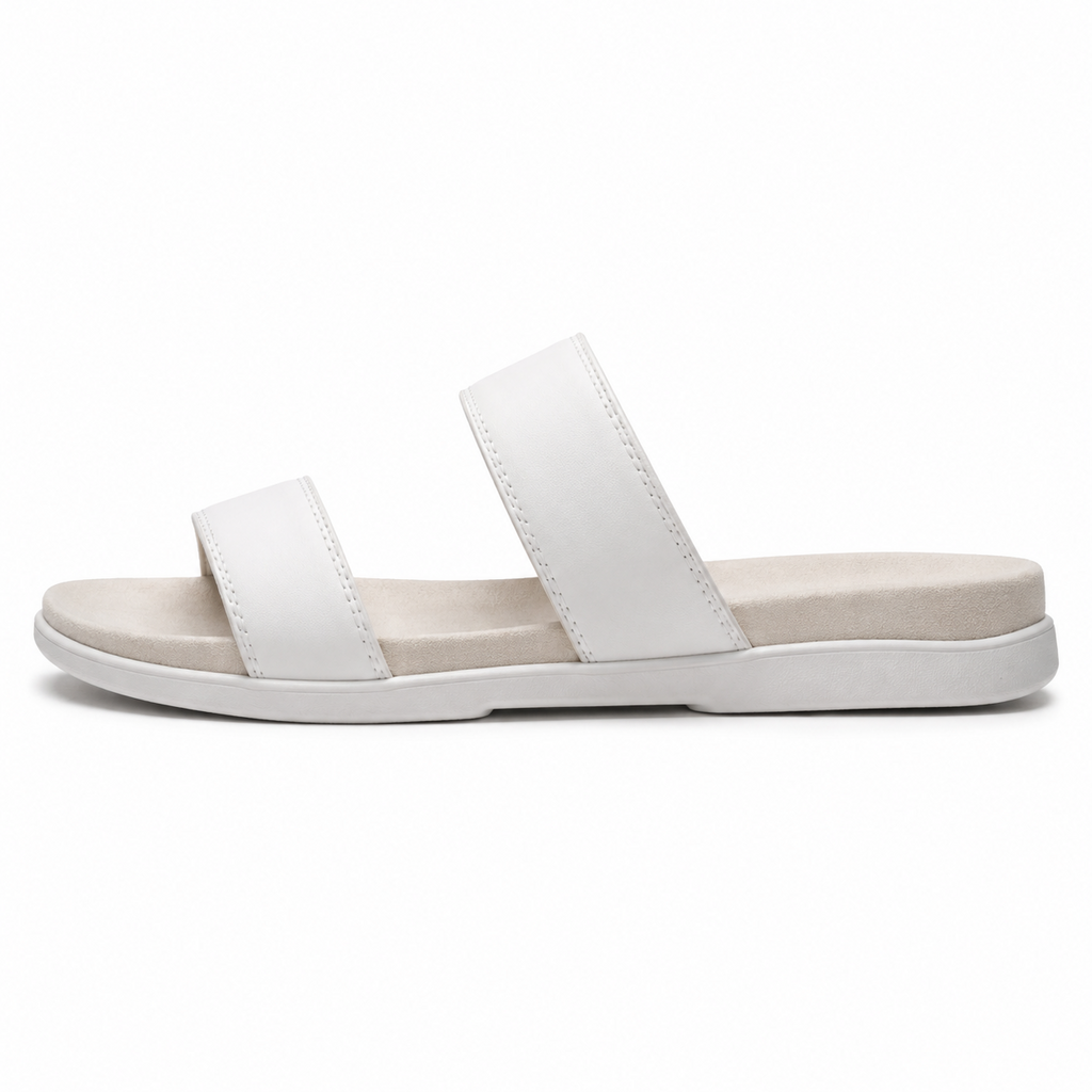 Side view of white leather slide sandals