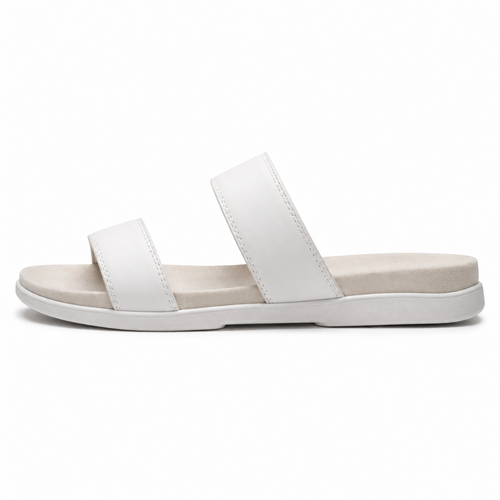 Side view of white leather slide sandals