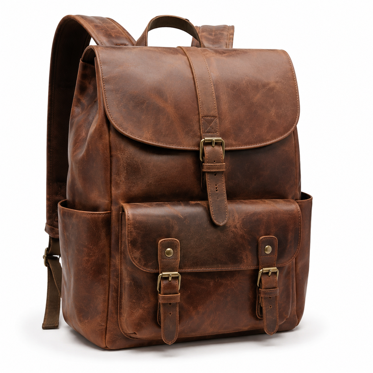 Side view of brown leather backpack with buckle