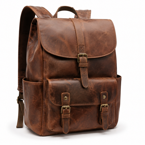 Side view of brown leather backpack with buckle