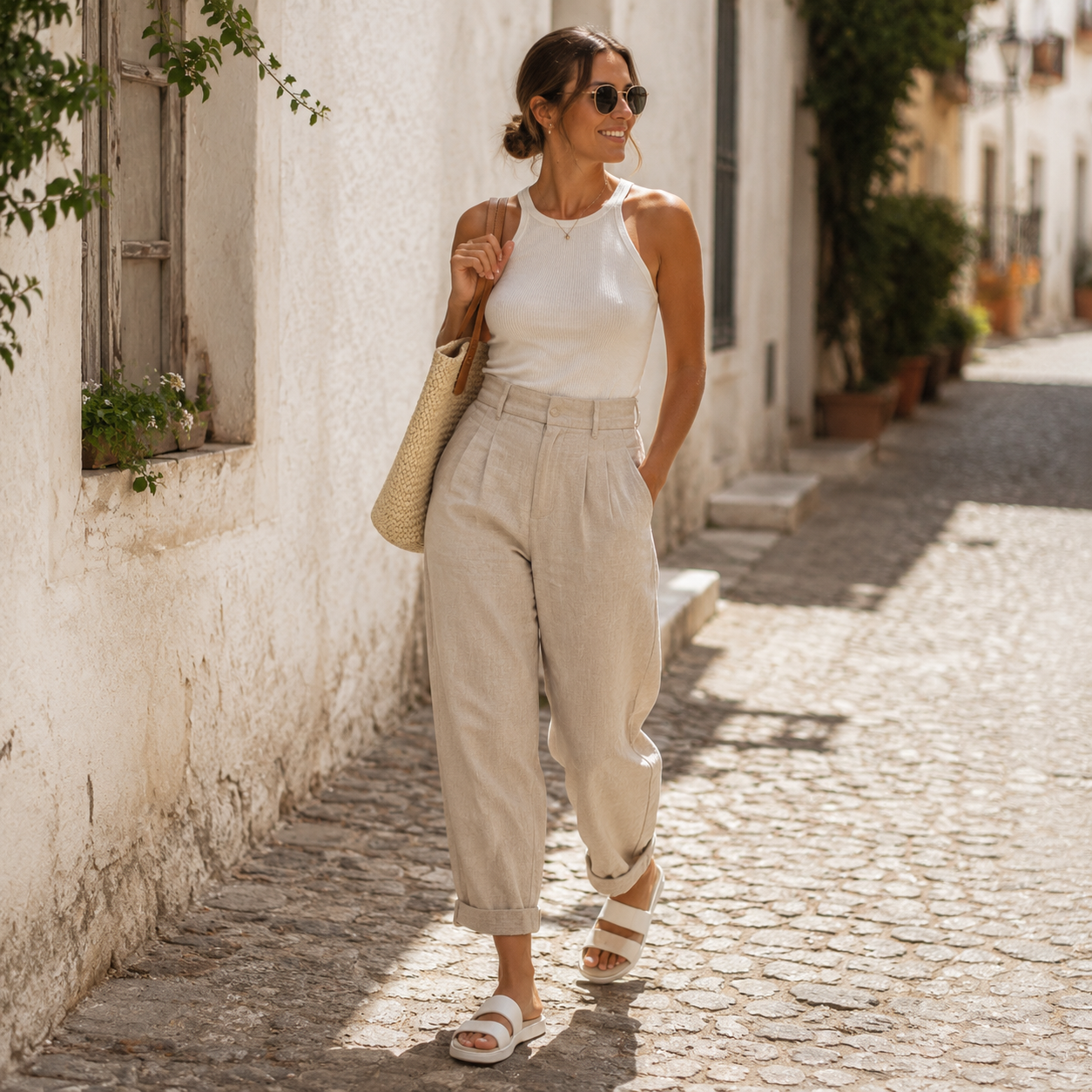 White slide sandals with cushioned footbed
