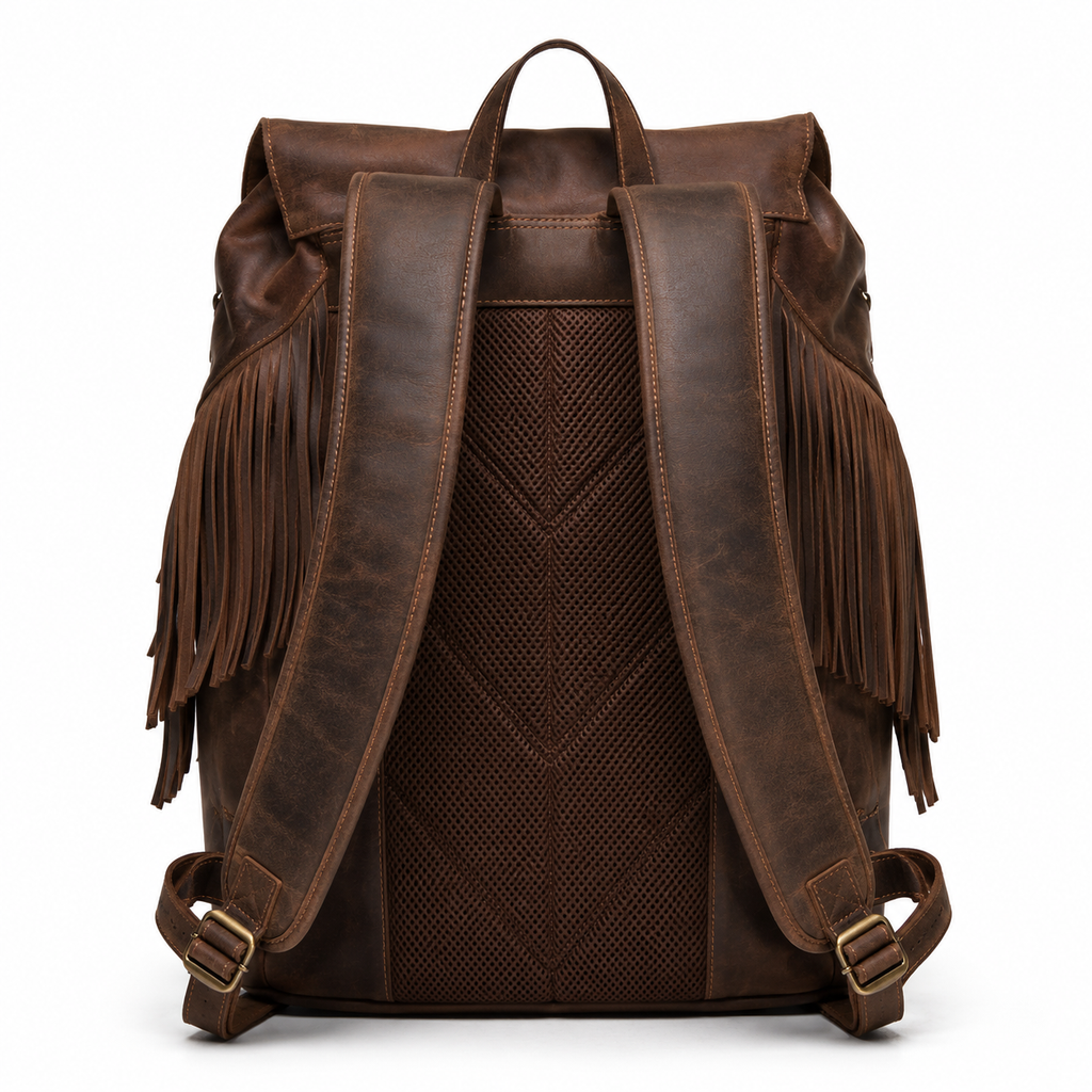Close-up of the buckle closure on the leather backpack.