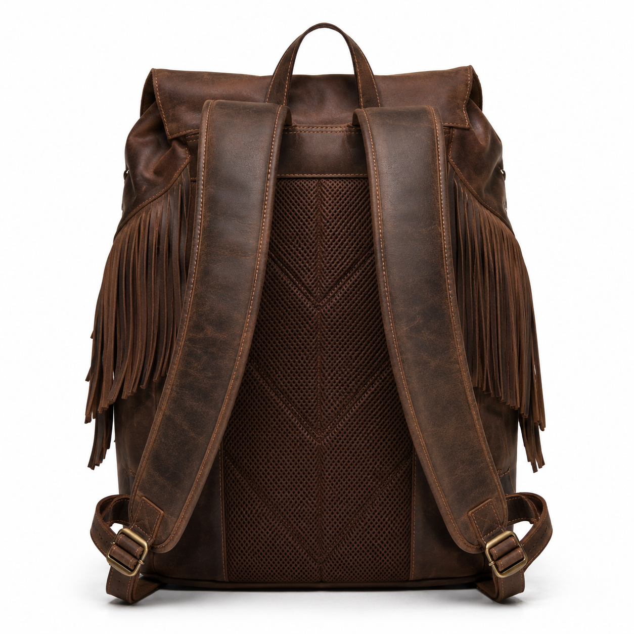 Close-up of the buckle closure on the leather backpack.
