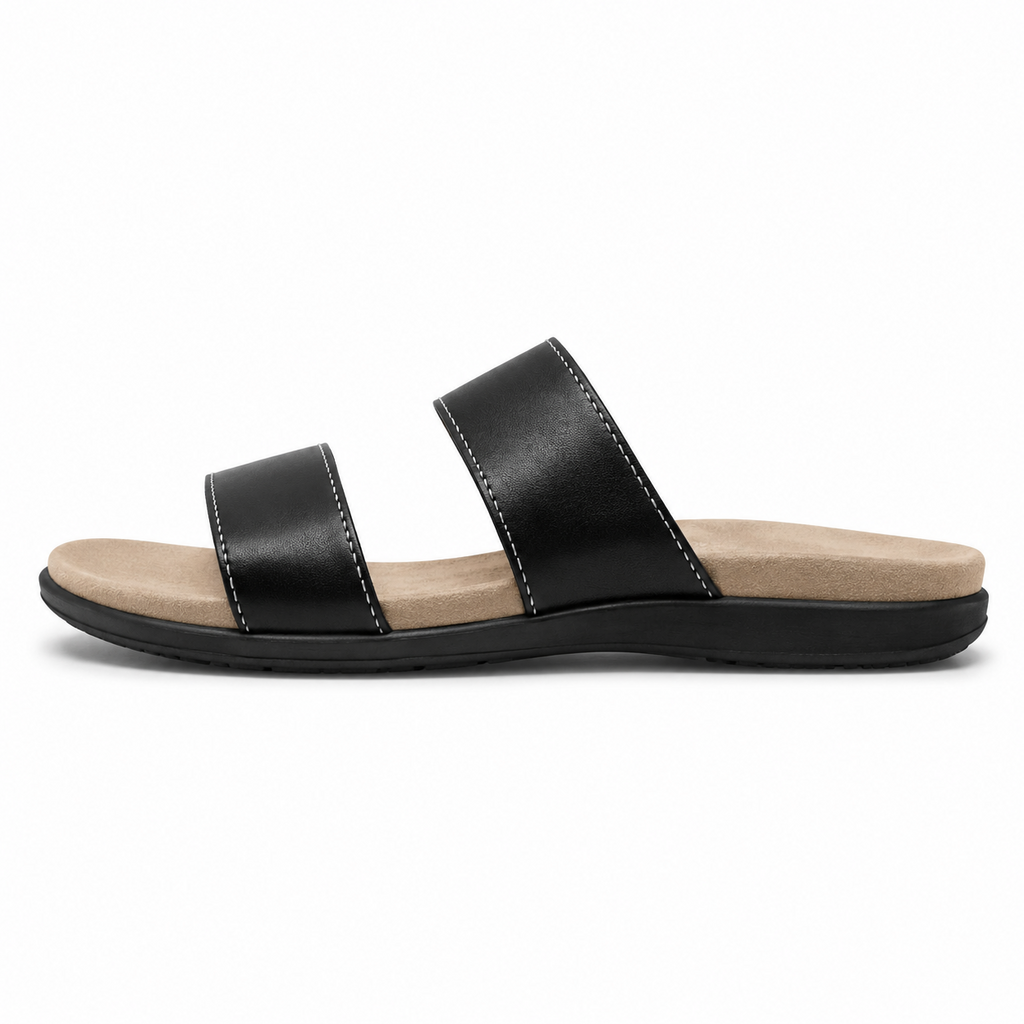 Side view of black leather slide sandal with double straps